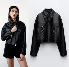 ZARA 黒 クロップドレザージャケット ボタンに難あり！