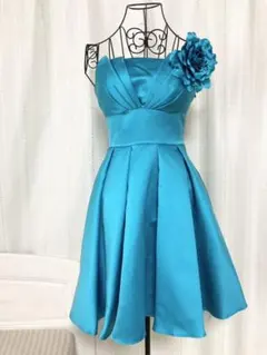 バックレースアップ 裾チュール サテンミニドレス　ターコイズ　S　新品タグ付き