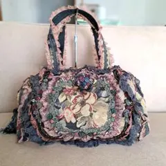 日本製　chimaki ゴブラン織　レース　フリンジ　ハンドバッグ