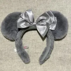 グレー ミッキー耳風カチューシャ シルバーリボン