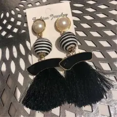 パール×ボーダー×フリンジ✰ゴージャスロングピアス