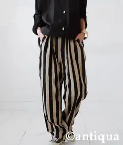 【antiquaアンティカ】美品／ストライプ ワイドパンツ ベージュ ブラック