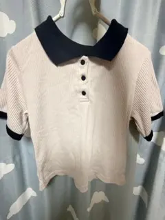 リブ編み ベージュ ネイビー 半袖ポロシャツ