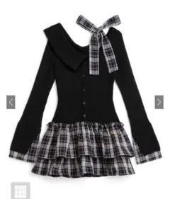 チェック柄ドッキングワンショルダーリボンフリルニットワンピース[pm785]