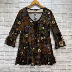 新品タグ付き A.G.O 花柄 チュニック L 七分袖 レトロ フリル 総柄