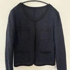 春夏用ダークブルー ノーカラージャケット ツイード風