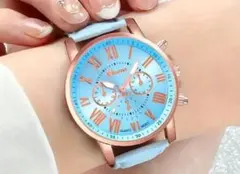 【新品】水色レザー クロノグラフ腕時計【動作確認済み】