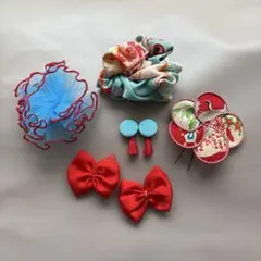 F-1 七五三　髪飾りヘッドドレス　かんざし　着物リメイク　アンティーク　水色赤