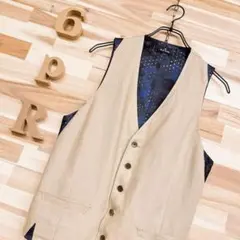 【ポールスミス】麻リネン綿コットン 切り替え ドット柄 ベスト M ベージュ×黒