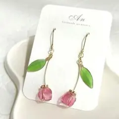 チューリップ ディップアートピアス 揺れる ピンク お花 ノンホール可　春