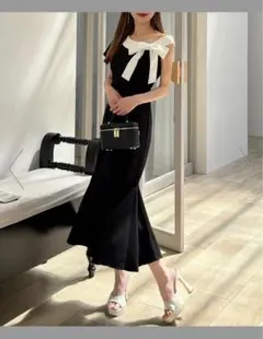 ロイヤルパーティー　ワンショルリボン配色マーメイドワンピース