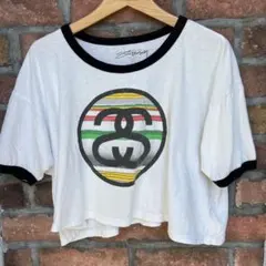 USA製　Stussy クロップド丈 半袖Tシャツ ラグラン　白　黒のサムネイル