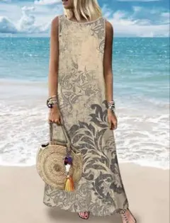 マキシドレス ベージュ系　上品　花柄　ボタニカル