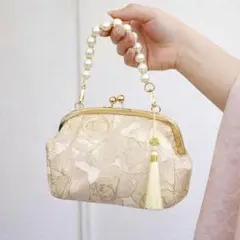 がま口ポーチ パールチェーン 和装 着物 パーティーバッグ 刺繍 ゴールド