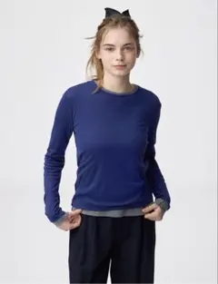 【ネット完売品】GU ネイビー ソフトシアークルーネックT［長袖〕