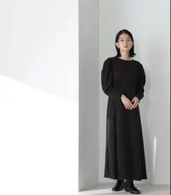 【ナチュラルビューティーベーシック】　スクエアドットプリントマキシワンピース　黒