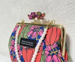 LIBERTY がま口ポーチ ☆鳥ツマミ＆パール持ち手