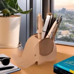 愛らしい姿　象モチーフ木製ペンスタンドスマホスタンド機能