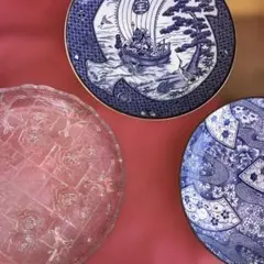 バラ模様のガラス皿と青海皿セット５枚