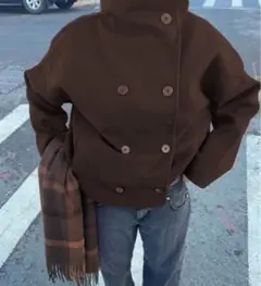 ダークブラウン ダブルブレスト ウールコート