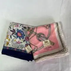 468CELINE イヴサンローランハンカチ 2枚セット 花柄ピンク