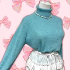 値下げ◎キラキラ 水色 タートルネックセーター リブニット パステルカラー