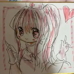 新作訳あり手描きイラスト。小色紙。ナース風の女の子