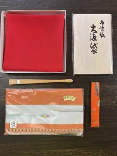 茶道具セット6点　帛紗・帛紗ばさみ・扇子・楊枝・楊枝入れ・懐紙　橙