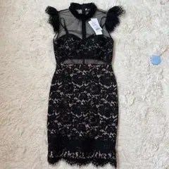 新品no.23 フリル袖ブラックレース掛けキャバドレスＬサイズ結婚式パーティー