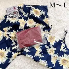 M〜L♡浴衣　3点セット　ひまわり　ネイビー　ワンピース　羽織　帯　新品　花柄のサムネイル