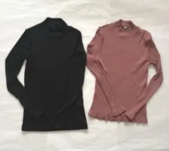 ユニクロ リブカットソー 2枚 黒S ピンクM