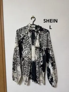 SHEIN Lサイズ アニマル柄 ボウタイブラウス 長袖 モノクロ