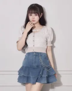 pium ハートボタンギンガムニットトップス ピンク