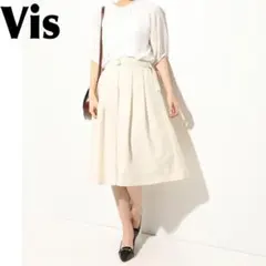 ViS ベルト付きフレアロングスカートウエストゴム S アイボリー