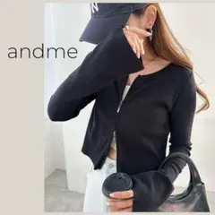 A356美品✨アンドミー　セルフカットリブショート丈ジップカーディガン　ブラック