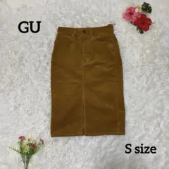 【GU】コーデュロイ膝丈スカート【S】キャメル 前側スリット タイトスカート
