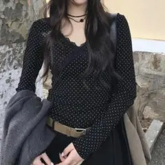 韓国風ミニマリストドット柄長袖Tシャツ