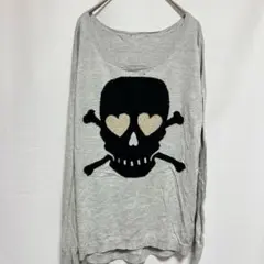 スカル ハート 骸骨 総柄 薄手ニットセーター グレー ゆるだぼ ビッグデザイン