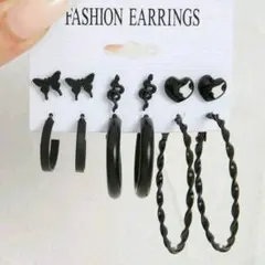 502✿フープピアス ピアスセット 6種類 黒 ブラック まとめ売り