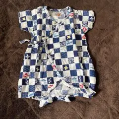 ベビー甚平 50cm 青と白のチェック柄　くろわっさんすべべ