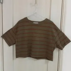 RETRO GIRL カーキ/オレンジ　ストライプ クロップドTシャツ 半袖