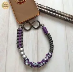 パラコードꕤ3連メタリックパールのスマホストラップ(パープル✕グレー)