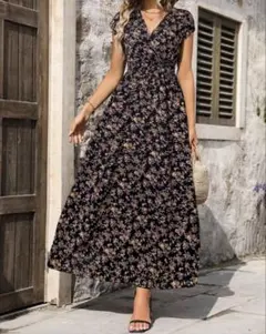 花柄 Vネック マキシドレス