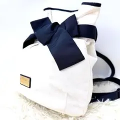 希少 ランバン リボンリュック キャンバス 白 紺 メタルロゴ A4 通勤 通学