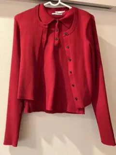 GU 2ピースリブニットポロシャツ/ノースリーブ　M レッド