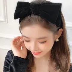 ◆高級感 ベロア ベルベッド ビッグリボン カチューシャ ブラック 黒 73