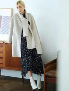美品　セオリーリュクス　ノーカラーコート　カシミヤ混じり　マフラー付き