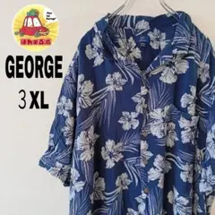 USA古着 GEORGE 半袖アロハシャツ　３XL ネイビー　ホワイト　柄シャツのサムネイル