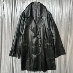 光沢ブラック ダブルロングコート 薄手 トレンチ風 Lounie L 相当