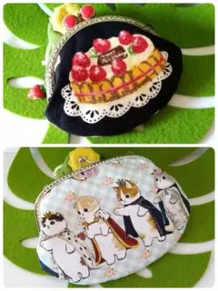 ハンドメイドがま口 冠猫とケーキ柄 2個セット
